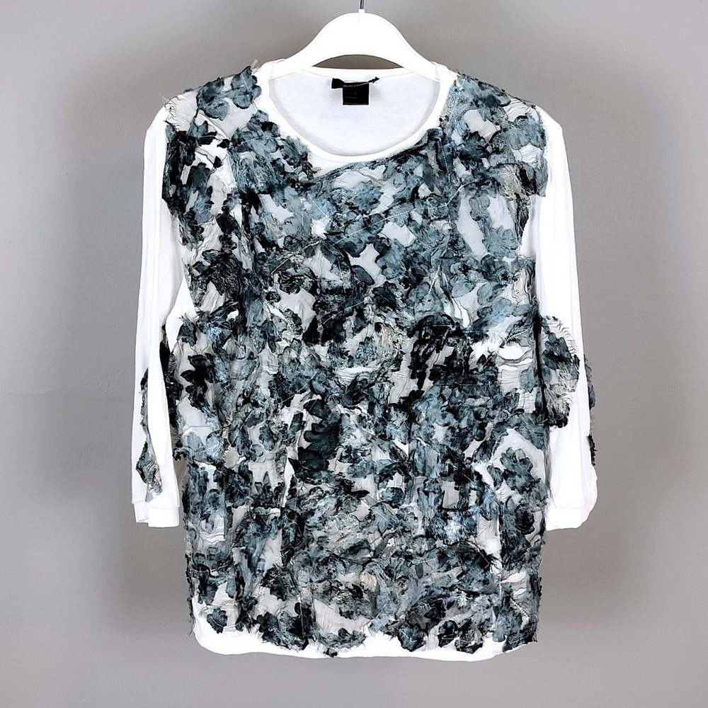 Avant Toi 3D Floral Applique Jersey Top Size Small White Blue Made in Italy